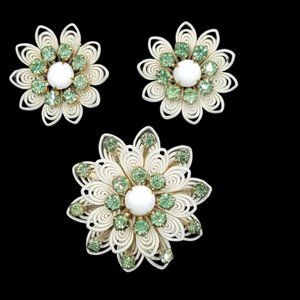 Vintage Lacy Plastic Flower Brooch Earring Set